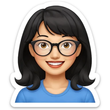 40 yr old asian woman wavy black hair bangs big glasses big smile tanned skin brown eyes sticker