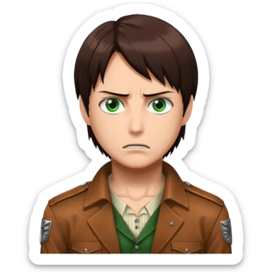 “Create an avatar that looks like Eren Yeager from Attack on Titan, Season 3 — sharp jawline, tied-back long brown hair, intense green eyes, serious expression.” sticker