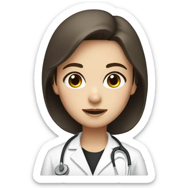 A girl with short brown hair and eyes, white skin, wearing a black scrub with a lab coat  sticker