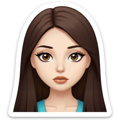 pretty baddie, brown straight hair, cute lips, pale skin, long hair, dark brown eyes, bold black eyeliner sticker