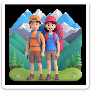 back packer couple posing, mountains in background,   close up pose sticker