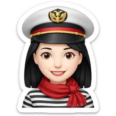 marinera de pelo negro piel blanca con camisa a rayas blanco y negro y pañuelo rojo y gorra de capitana y sonrisa de Duchenne sticker