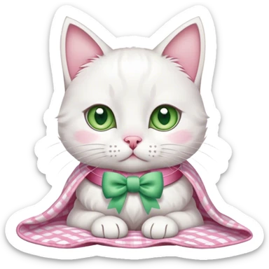 white cat with a bow on its collar under a pink gingham blanket  sticker