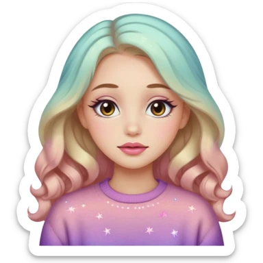 “Emoji girl, soft eyeliner, gradient rose lips, light brown shimmer eyeshadow, sparkly aegyo-sal, long wavy hair, cozy pastel sweater.” sticker