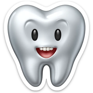 human tooth emoji, smooth chrome ceramic-metal texture, clean medical luxury aesthetic, isolated on white sticker