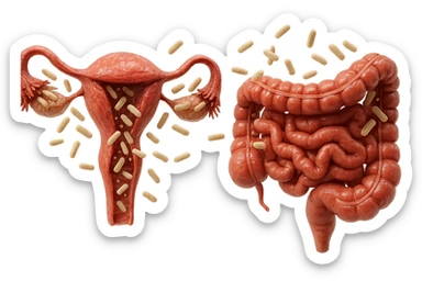 UTERO UMANO E INTESTINO ANATOMICI REALISTICI SONO UNO ACCANTO ALL'ALTRO E SI PASSANO I BATTERI A VICENDA, CON BATTERI CHE ESCONO DALL'INTERNO, IPERREALISTICO 4K, NON DISEGNATO sticker