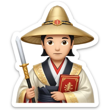 Samurai lord, Elegant noble in long robes with tall hat, holding a scroll of orders. sticker
