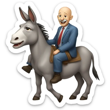 a laughing donkey with an old bald man sitting on it sticker
