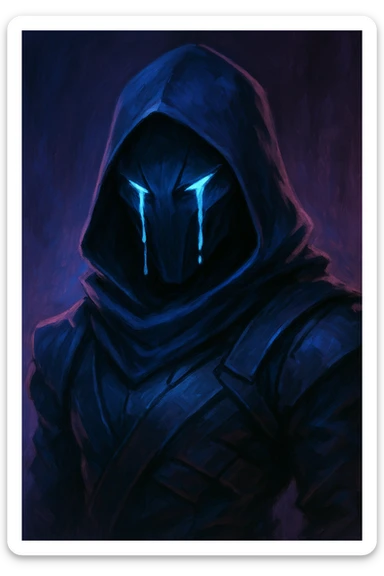 Valorant Omen with tears streaming down mask, stylized, dramatic lighting, blue and purple tones sticker