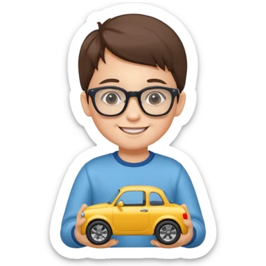 The child with glasses → is holding a toy car sticker