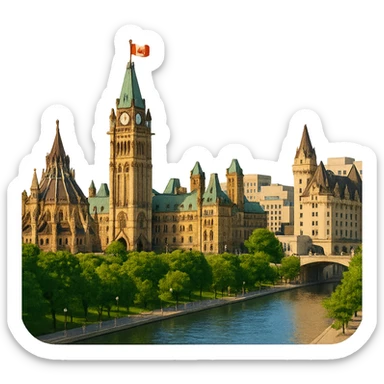 cinematic, realistic emoji of Ottawa skyline with iconic landmarks such as Parliament Hill, the Peace Tower, and the Rideau Canal, lifelike detail, accurate colors, bright lighting, wide city view, fully transparent background sticker
