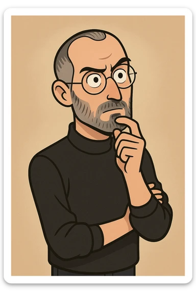 Steve Jobs, thinking pose, hand on chin, creative aura sticker