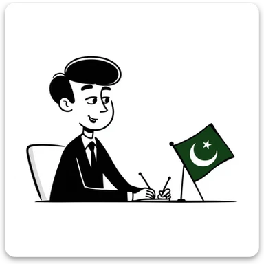 Pakistani diplomat at international conference with Pakistan flag on table sticker