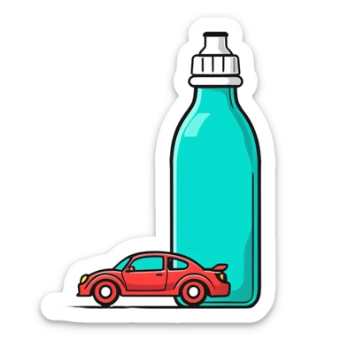 cartoonish icon of a car with wobbly motion lines and a bottle, representing drunk driving sticker