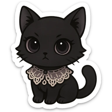 gothic cat, chibi style, black fur, lace collar, big eyes, cute but mysterious sticker