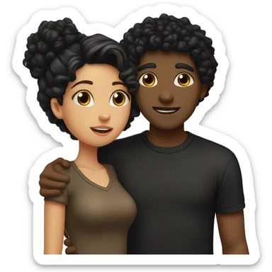 Girl with curly black hair wearing a brown shirt kissing a man with black hair wearing a black shirt sticker