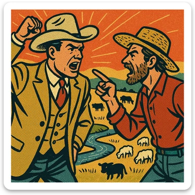 The full bodies of a wealthy male cattle ranch owner wearing a cowboy hat in a heated argument with a homesteader in the American West.  The background shows land with grazing cattle and sheep with a small stream. sticker