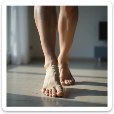 realistic 4K woman wearing an orthotic insole, smiling relieved while walking, but with a shadow of doubt on her face sticker