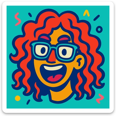 expressive illustration of a face with long curly hair and glasses, zoomer style, modern colors sticker