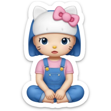 Hello Kitty from Sanrio, sitting and crying, blue overalls, visible tears, minimal background sticker