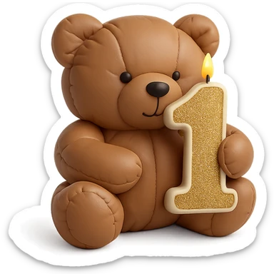 brown teddy holding sparkly number "1" candle, cushion style, transparent background sticker