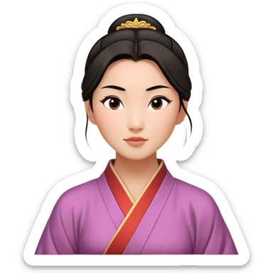 Cinematic Timeless Mulan Portrait Emoji, rendered in a clean vector style. Depict Mulan with warm, light-toned skin, neatly styled dark hair in a traditional bun, and a serene, confident expression, dressed in a simple traditional robe with minimal decoration. The image is highlighted by a soft, inviting glow and a subtle glowing outline, capturing enduring beauty and quiet strength. sticker
