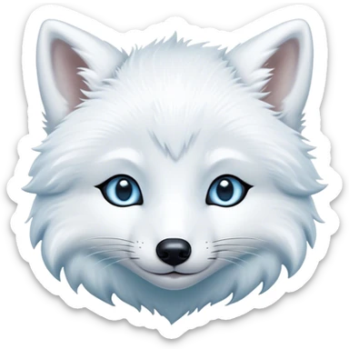 Cinematic Cute Arctic Fox Portrait Emoji, Head tilted playfully and inquisitively, featuring a silky, pure white Fur with delicate hints of icy blue on the ears and muzzle, round, sparkling eyes filled with curious charm, Simplified yet irresistibly adorable features, highly detailed, glowing with a warm, friendly glow, high shine, affectionate and spirited, stylized with a touch of frosty whimsy, bright and endearing, soft glowing outline, capturing the essence of a mischievous yet loving arctic fox, so playful it feels like it could frolic out of the screen and into your arms! sticker