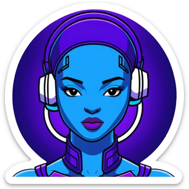 Cyberpunk African female portrait with digital augmentations, electric blue and purple lighting, high-tech headpiece with African pattern elements sticker