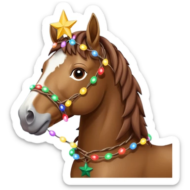 Horse rapped in Christmas lights with star on head sticker
