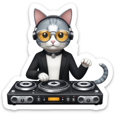 cat DJ with turntables, minimal details, clear silhouette, website icon sticker