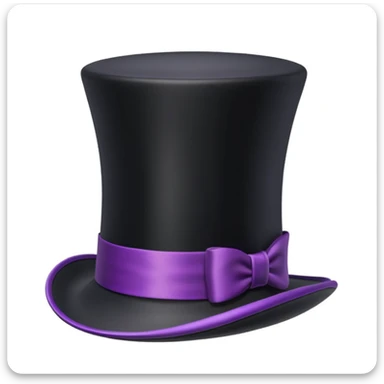 3D apple-style emoji of a tall vintage top hat, simplified shapes, cartoon-like look, glossy finish, soft shadows, white background, tall black hat, wide brim, purple and black checkered ribbon with a red stripe sticker