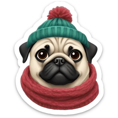 pug wearing a wooly hat and scarf sticker