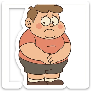 standing fat boy kid, embarrassed, cartoon style sticker