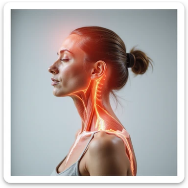 realistic anatomical three-quarter view of a woman with head and neck muscles highlighted, reddened head area indicating headache, expression of pain, neutral background sticker