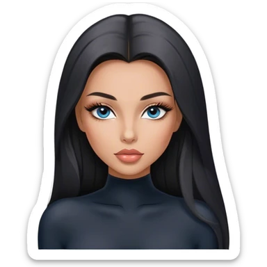 Glamours, tanned, very beautiful girl, with big pump peach-beige-rose lips, long long lashes, black straight smooth silky long hair, straight parting hair, blue-grey eyes in black long-sleeves bodysuit sticker
