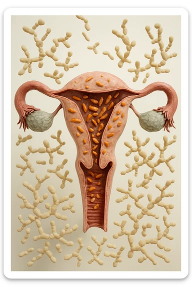 utero umano realistico con batteri della candida intorno, la foto si deve vedere per intero in formato verticale, sullo sfondo neutro chiaro ci sono batteri della candida, iperrealistico 4k sticker