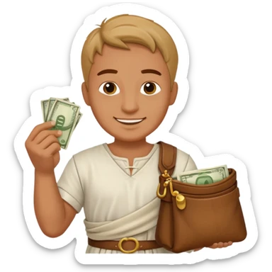Emoji portrait of a Roman merchant. Loose-fitting clothes, holding a money pouch, cheerful expression. sticker