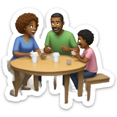 An emoji of a family—mother, father, and child—sitting at a table, playing a cup game with paper cups arranged on the table as they have fun together sticker
