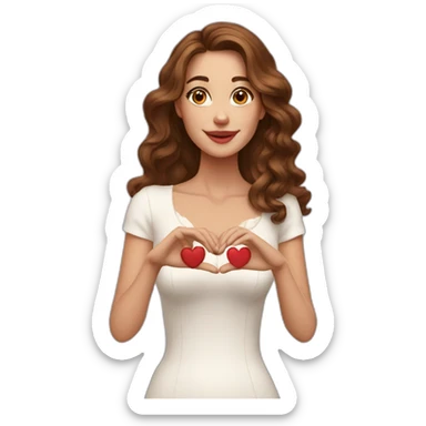 white beautiful woman, brown wavy hair, making heart by two hands, long earrings sticker