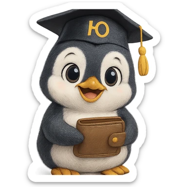 A cute penguin with beautiful eyes, very happy, wearing a graduation cap with the letter 'Ю' on it, holding a wallet. sticker