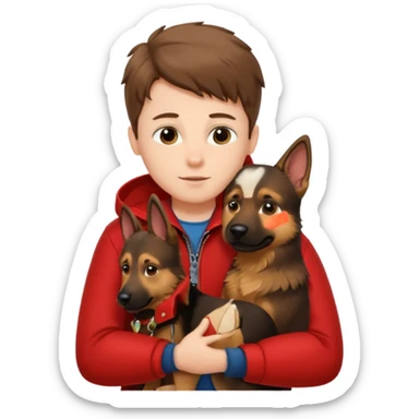Garoto fofo de pele branca e cabelo castanho comprido usando uma jaqueta vermelha abraçando um cachorro pastor alemão  sticker