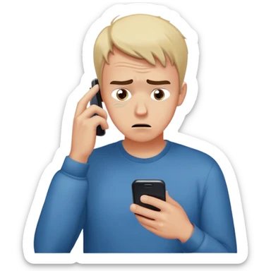 man with anxious attachment style frantically checking his phone with worried eyes and nervous expression, sweat drops on forehead, staring intensely at phone screen waiting for message reply, finger hovering over screen ready to respond immediately, notification symbols visible sticker