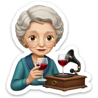 old lady with wineglass listening to gramophone sticker