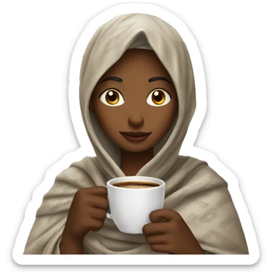 emoji woman drinking coffee wearing a shawl sticker