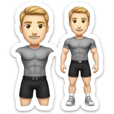 To belt Pale skinned Fit Man With the biceps and light brown hair in black shirt, gray sports shorts and white Sneakers Writing text on the flipchart sticker