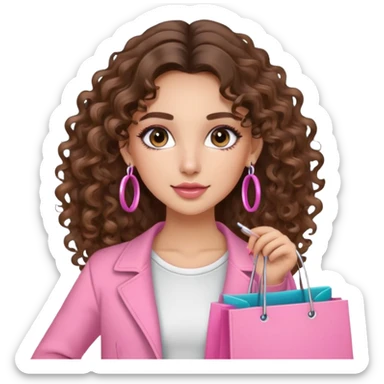 cute balayage brunette long hair curly/wavy haired girl, hoop earrings, clean girl makeup DOING SHOPPING WITH PINK CLOTHES ON sticker