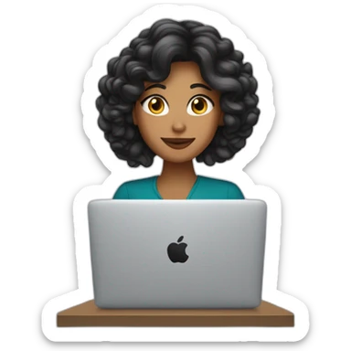 Mujer de cabello morocha con ondasde, trabajando con su macbook sticker