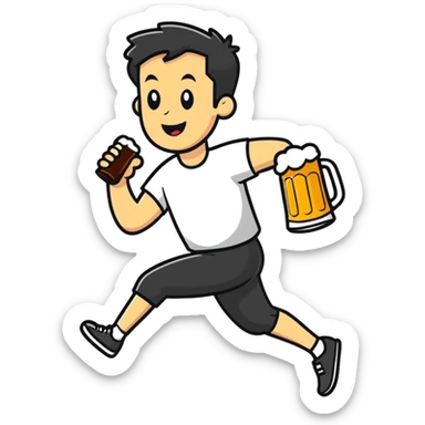 man running with a beer, cartoonish sticker style sticker