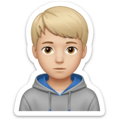 Teen boy with blue eyes mixed with a little Brown eyes and a Grey hoodie who stands up with blond short hair and short bangs sticker