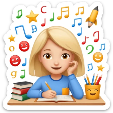 happy girl dreaming surrounded by symbols of exams and high grades, expressing joy and relief sticker